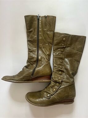bloom Olive Green Over-the-Knee Button Detail Boots Leather Upper Fur Lined 8